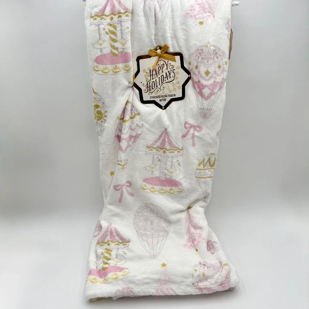 Happy‎ Holidays Whimsy Christmas Throw Blanket Carousel Hot Air Balloons Pastel
